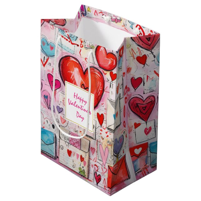 Cute Hearts and Love Letters Pattern Valentine's Medium Gift Bag (Front Angled)