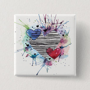 Cute Hearts And Washes In Watercolor 15 Cm Square Badge