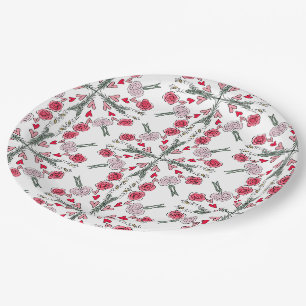 Cute Hearts Bees Roses Romantic Floral Doodles Paper Plate
