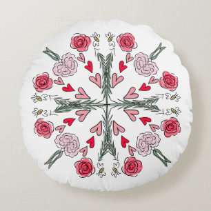 Cute Hearts Bees Roses Romantic Floral Doodles Round Cushion