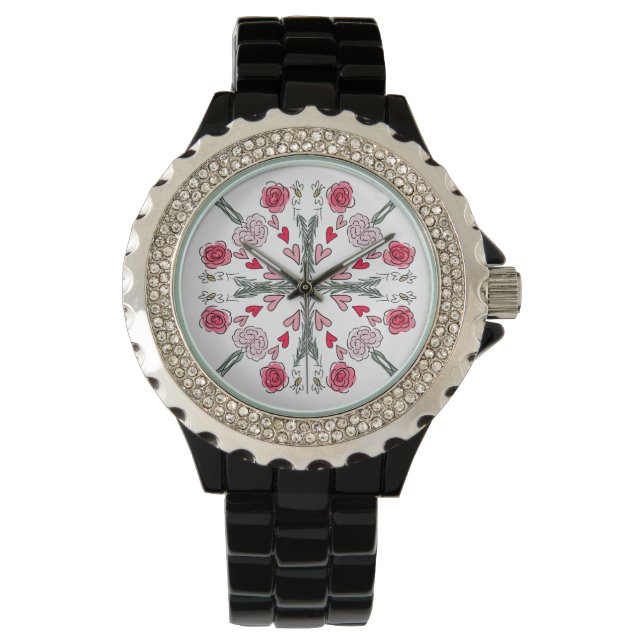 Cute Hearts Bees Roses Romantic Floral Doodles Watch (Front)