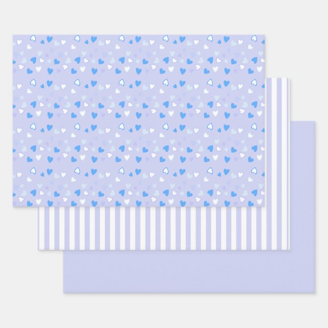 Cute Hearts Blue Wrapping Paper Sheet (Set)
