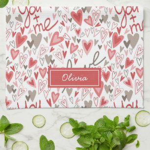 Cute Hearts Boho Valentines Pattern Tea Towel
