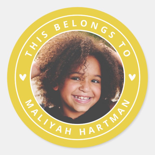 Cute Hearts Circle Frame Photo Name School Yellow Classic Round Sticker (Front)