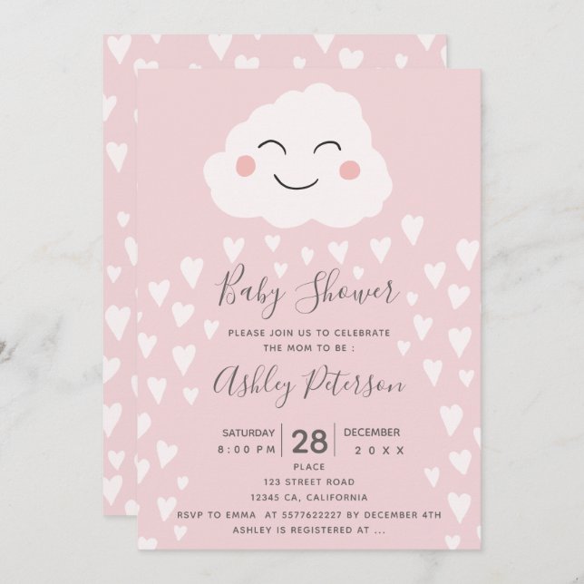 Cute hearts cloud illustration pink baby shower invitation (Front/Back)