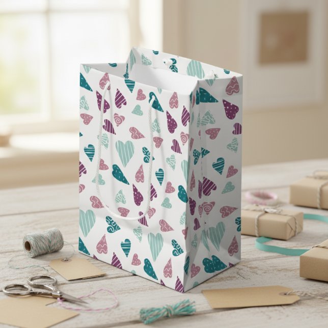 Cute Hearts Doodle Rose Valentine's Day Pink Teal Medium Gift Bag (Creator Uploaded)