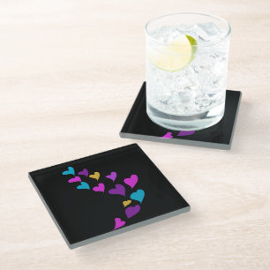 Cute Hearts Dripping Pink Yellow Blue Black Glass Coaster