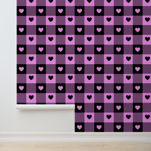 Cute Hearts Fun Chequered Purple Pink Girl Nursery Wallpaper
