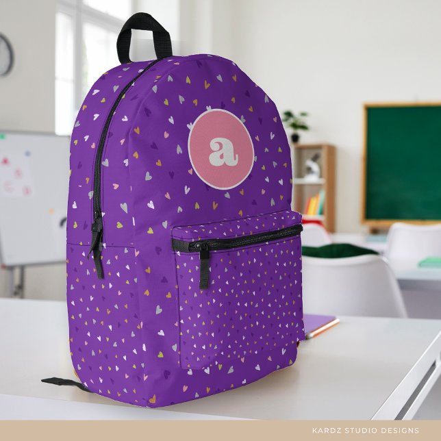 Cute Hearts Girl Monogram Personalised School Printed Backpack (Creator Uploaded)