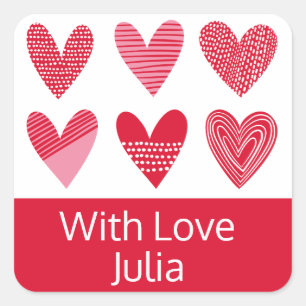Cute hearts in red and pink with text square sticker