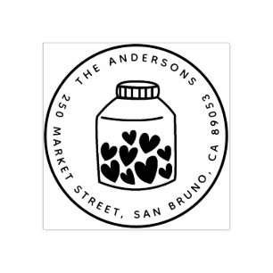 Cute Hearts Mason Jar Round Name Return Address Rubber Stamp