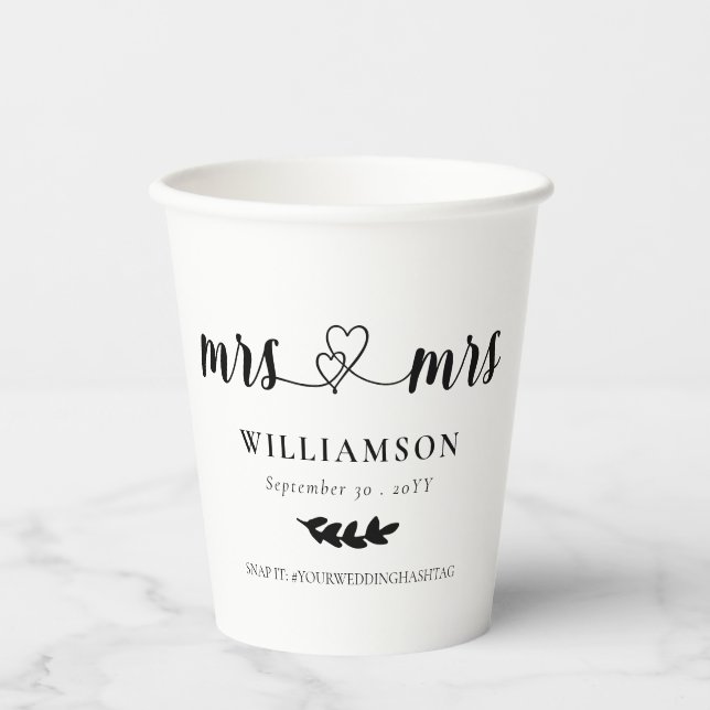 Cute Hearts Mrs & Mrs Lesbian Wedding Paper Cups (Front)