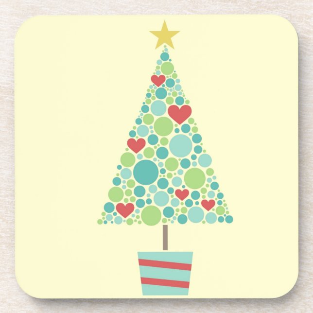 Cute hearts pastel modern Christmas tree Coaster (Front)