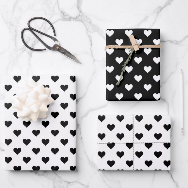 Cute Hearts Pattern Black And White Wrapping Paper Sheet (Front)