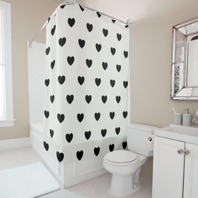 Cute Hearts Pattern in Chic Black and White Shower Curtain (In Situ)