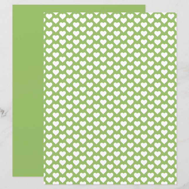 Cute Hearts Pattern Olive Green Scrapbook Paper (Front/Back)