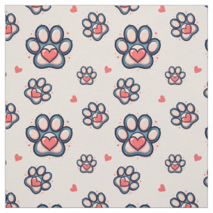 Cute Hearts & Paw Prints Cotton Fabric