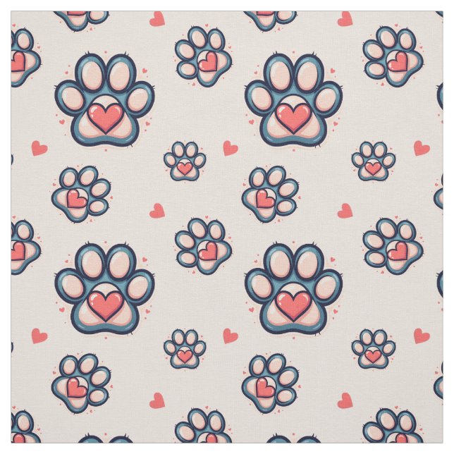 Cute Hearts & Paw Prints Cotton Fabric (Swatch)