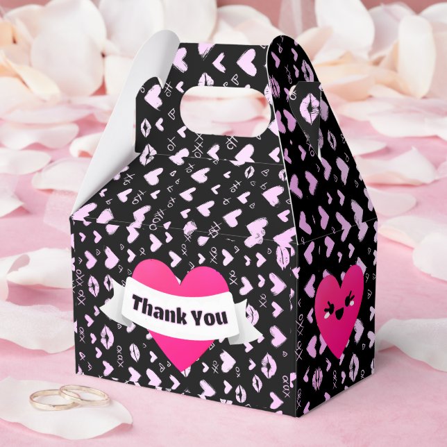 Cute Hearts Pink & Black, Wedding, Engagement Favour Box (Wedding)