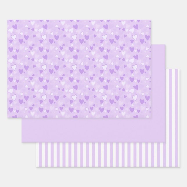 Cute Hearts Print Lavender Wrapping Sheet Set of 3 (Set)