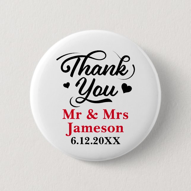 Cute Hearts Thank You Mr Mrs Wedding 6 Cm Round Badge (Front)
