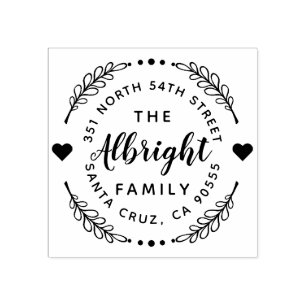 Cute Hearts & Wreath Family Name Return Address Rubber Stamp