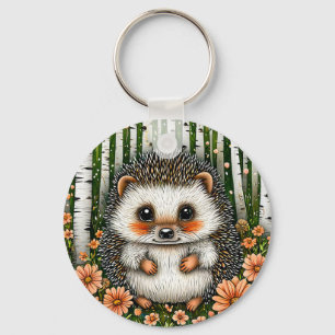 Cute Hedgehog Amid Colourful Flowers in the Woods Key Ring