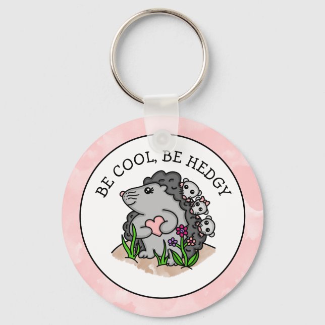 Cute Hedgehog and Babies and Funny Pun Key Ring (Front)