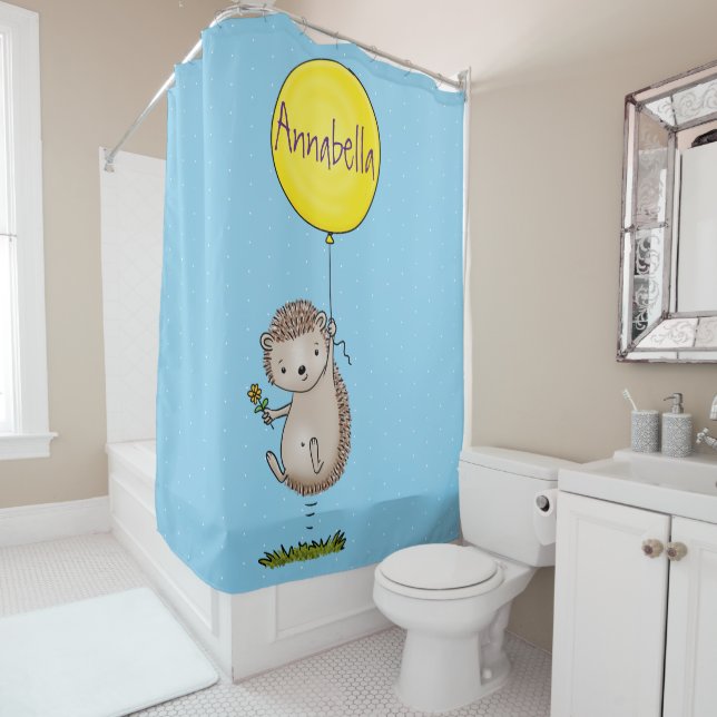 Cute hedgehog and balloon cartoon pattern shower curtain (In Situ)