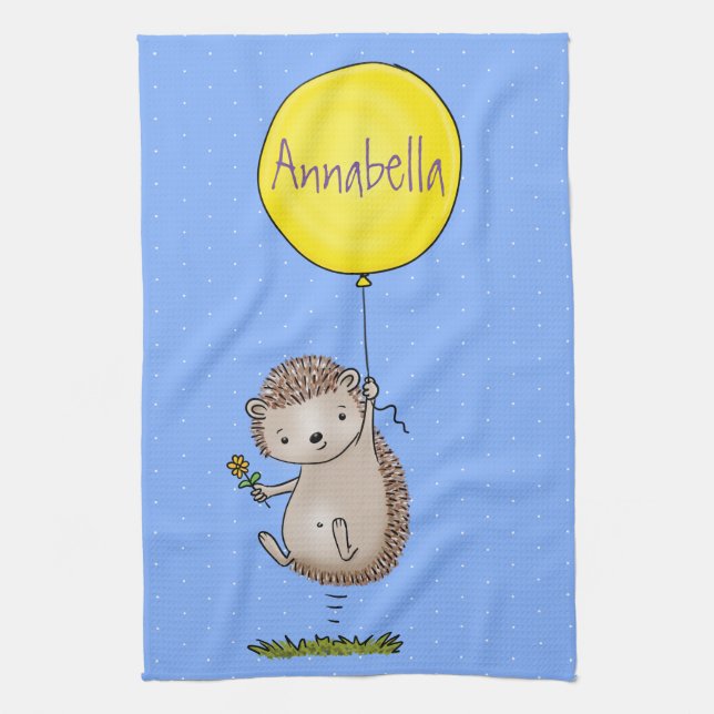 Cute hedgehog and balloon cartoon pattern tea towel (Vertical)