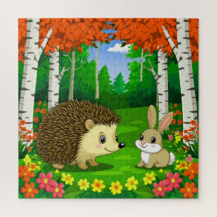 Cute Hedgehog and bunny in a Bright Forest Jigsaw Puzzle