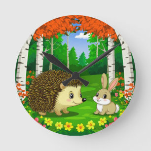 Cute Hedgehog and bunny in a Bright Forest Round Clock
