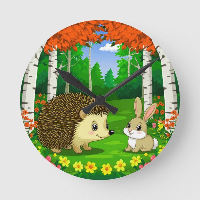 Cute Hedgehog and bunny in a Bright Forest Round Clock (Front)