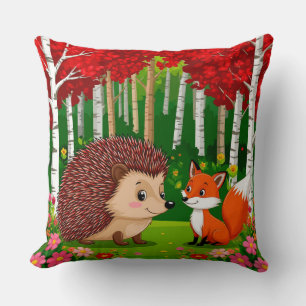 Cute Hedgehog and fox n a Bright Forest Cushion