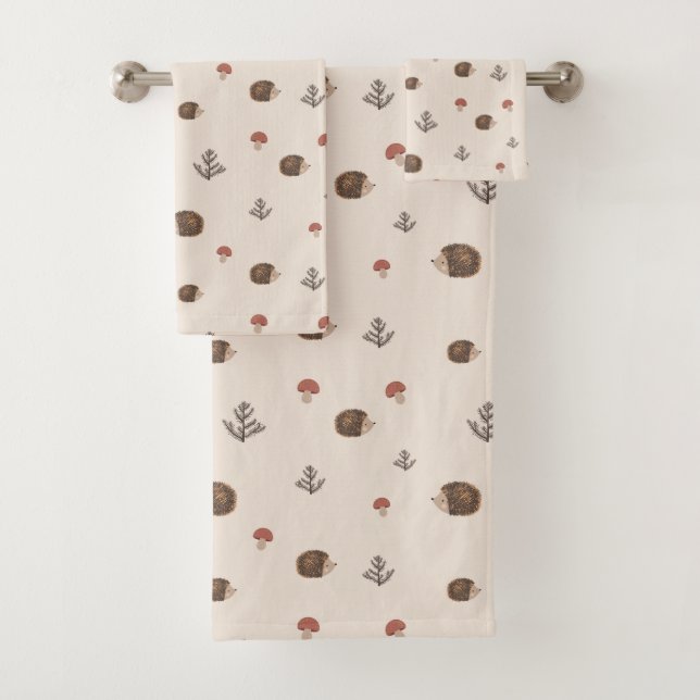Cute Hedgehog and Mushrooms Forest Pattern Bath Towel Set (Insitu)