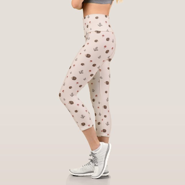 Cute Hedgehog and Mushrooms Forest Pattern Capri Leggings (Left)
