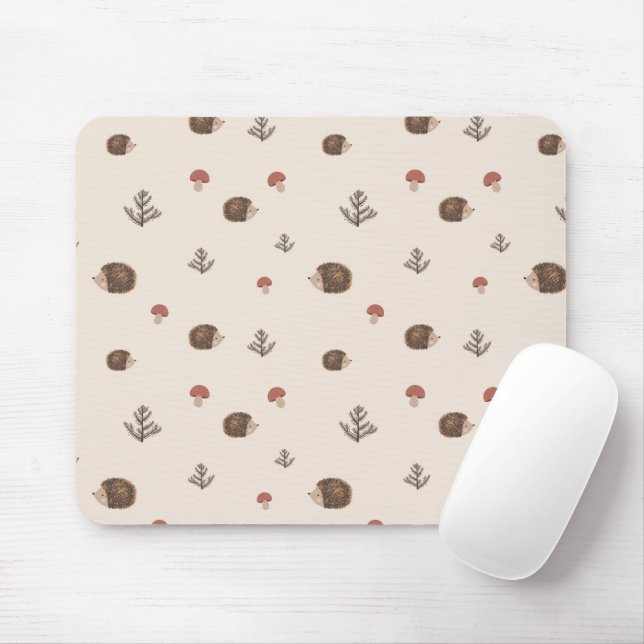 Cute Hedgehog and Mushrooms Forest Pattern Mouse Pad (With Mouse)