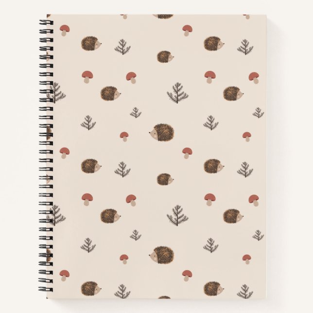 Cute Hedgehog and Mushrooms Forest Pattern Notebook (Front)