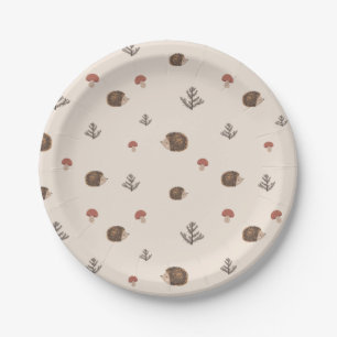 Cute Hedgehog and Mushrooms Forest Pattern Paper Plate