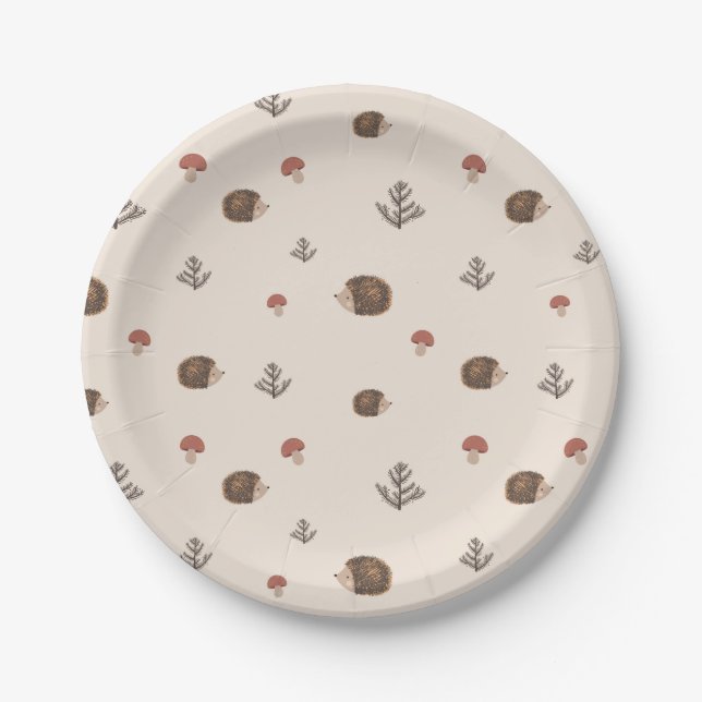 Cute Hedgehog and Mushrooms Forest Pattern Paper Plate (Front)