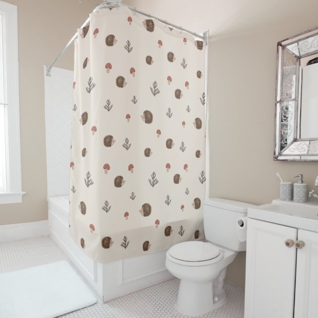 Cute Hedgehog and Mushrooms Forest Pattern Shower Curtain (In Situ)