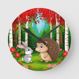 Cute Hedgehog and rabbit in a Bright Forest Round Clock