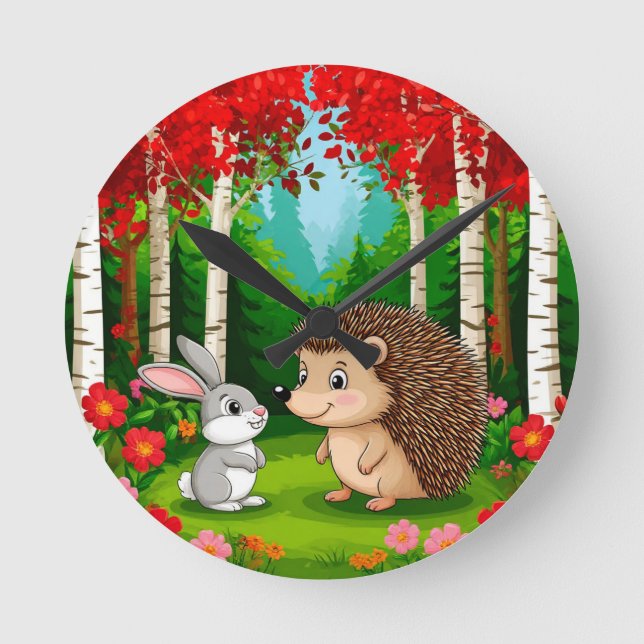 Cute Hedgehog and rabbit in a Bright Forest Round Clock (Front)