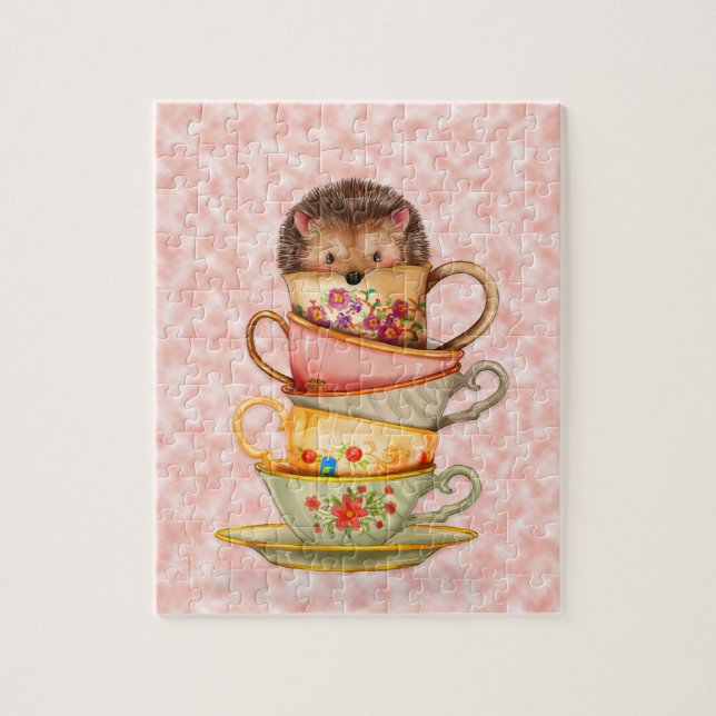 Cute Hedgehog and Stack of Colorful Teacups Pink Jigsaw Puzzle (Vertical)