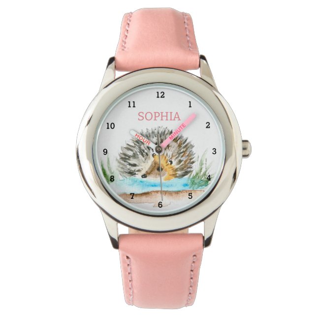 Cute Hedgehog Animal Girly Kids Pink Watch (Front)
