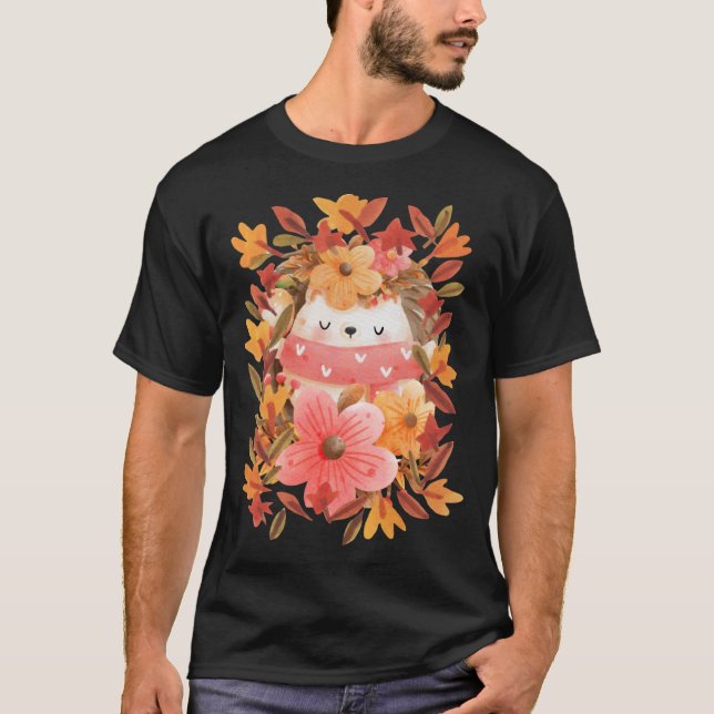 Cute Hedgehog Autumn Leaves and Flowers Fall Stick T-Shirt (Front)