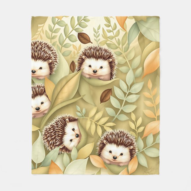 Cute Hedgehog Autumn Leaves Pattern Fleece Blanket (Front)