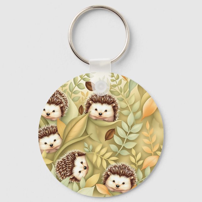 Cute Hedgehog Autumn Leaves Pattern Key Ring (Front)