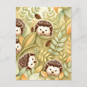 Cute Hedgehog Autumn Leaves Pattern Postcard