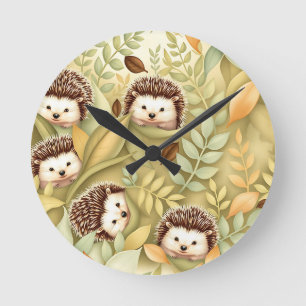 Cute Hedgehog Autumn Leaves Pattern Round Clock